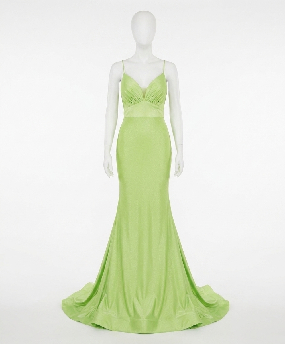 NEW RACHEL ALLAN lace-up back stretch jersey mermaid prom gown in acid green